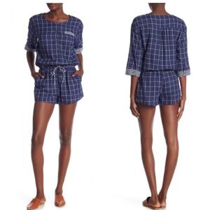 Everly Crewneck Navy Plaid Romper Sz M